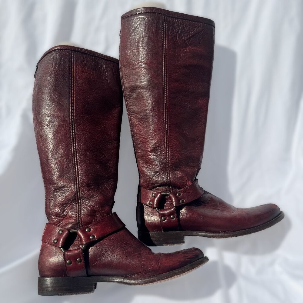 FRYE Phillip Harness Tall Burnt Red Leather Boot Size 8 B